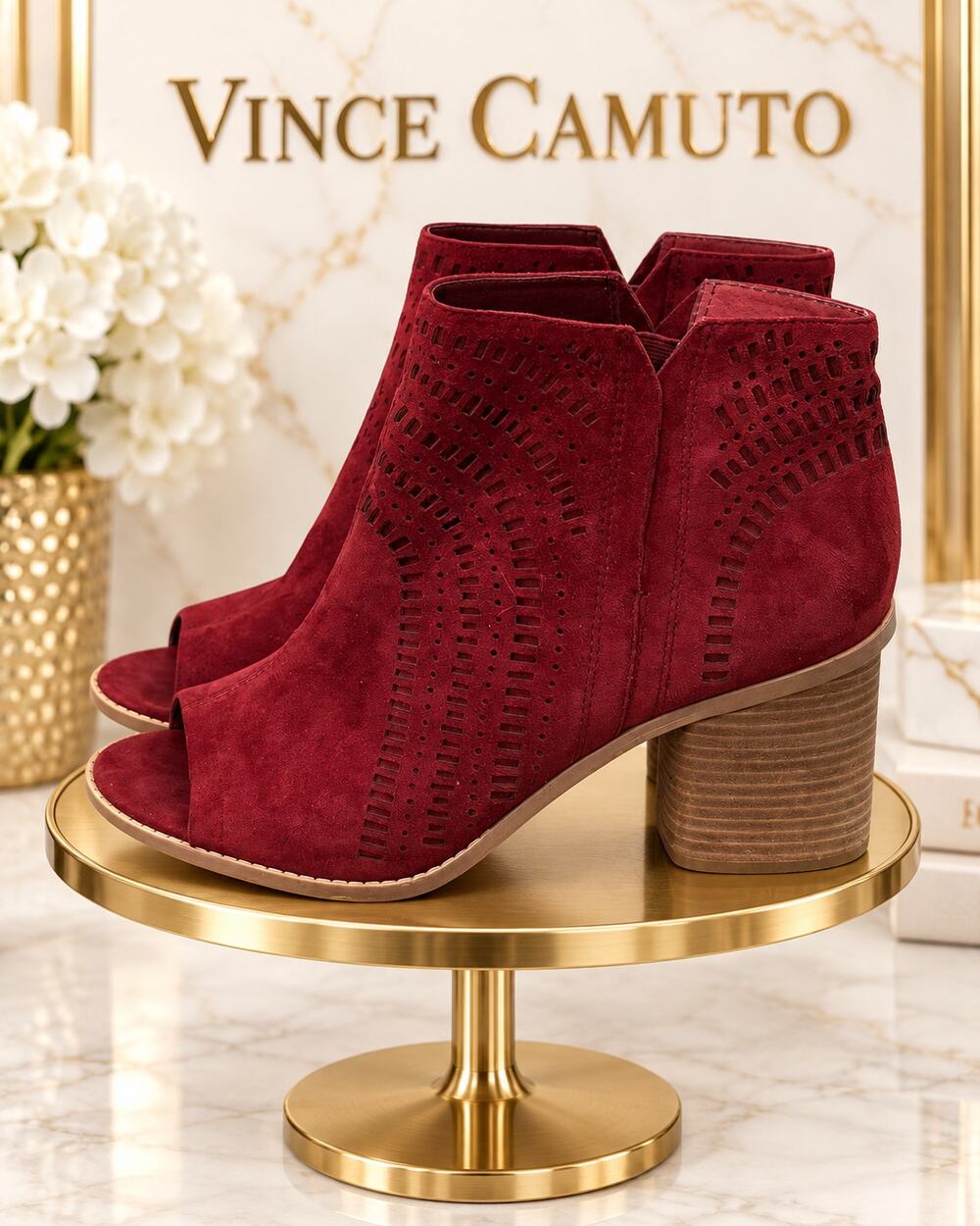 Vince Camuto Tereena Red Suede Laser Cut Peep Toe Booties Size 10M EU 40